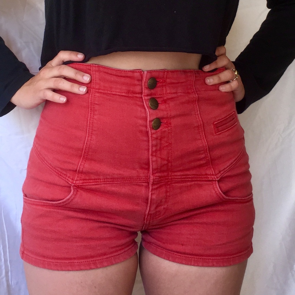 Topshop High Waisted Orange Denim Shorts